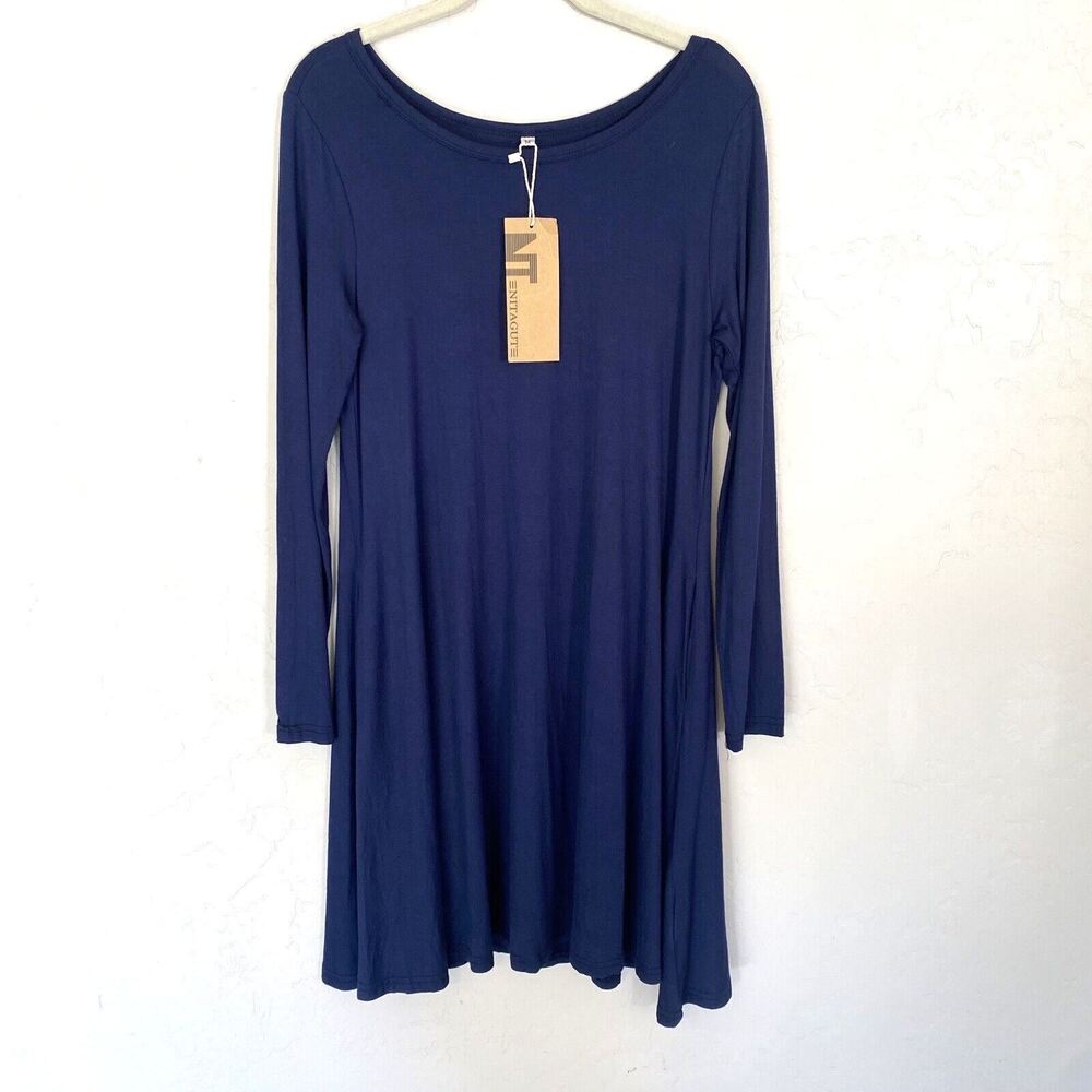 Nitagut Dress Women Medium Blue Stretch Scoop Neck Long Sleeve Pullover
